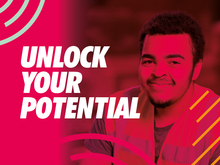 Unlock Your Potential graphic overlaid over a construction student.