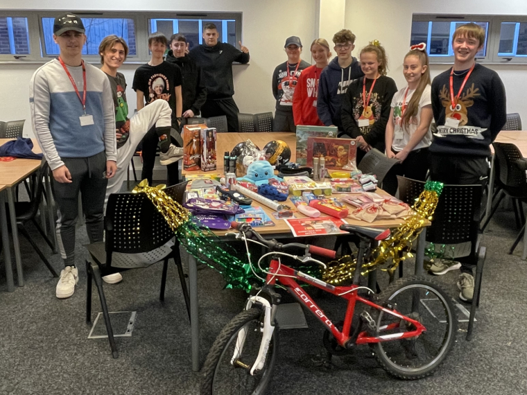 North Notts Students with all of their charitable collection of items to donte to local charities.