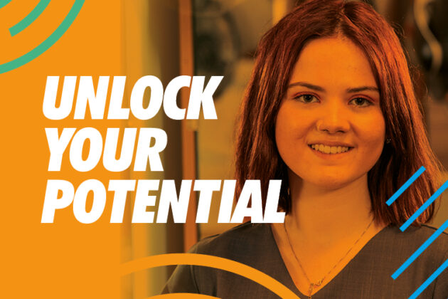 'Unlock Your Potential' with hairdressing student in the background.