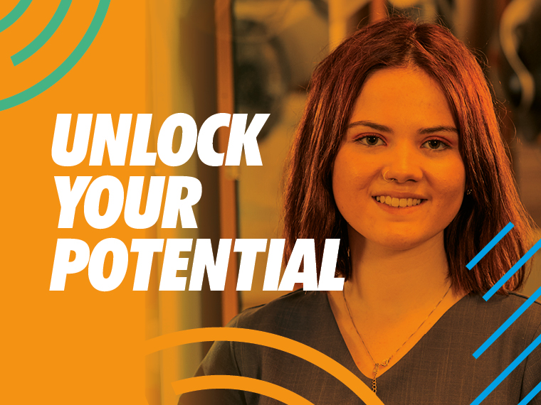 'Unlock Your Potential' with hairdressing student in the background.