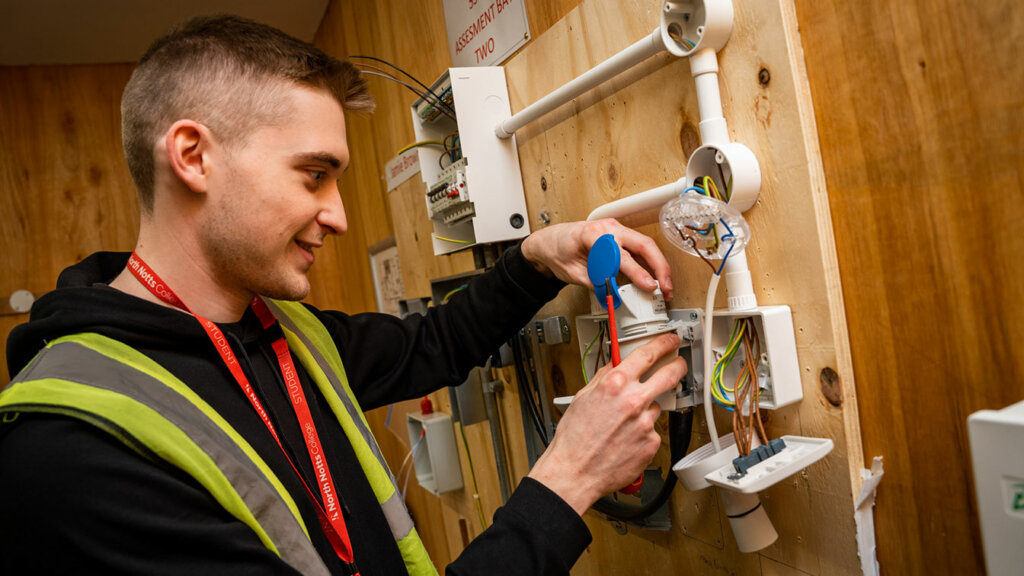 An Electrical student in the workshop at North Notts College