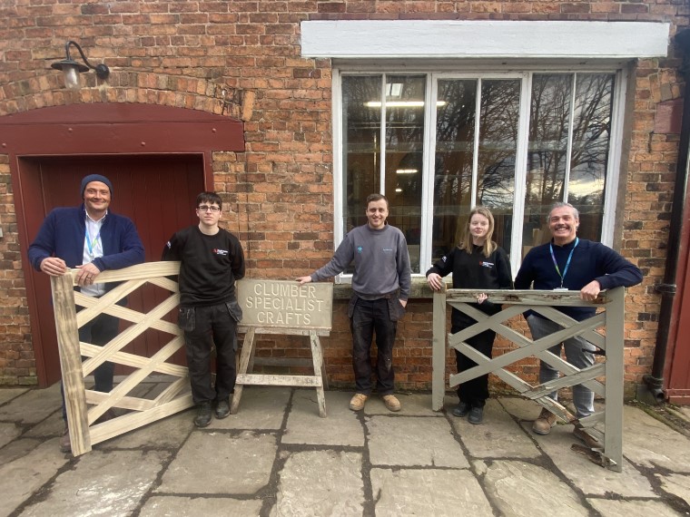Staff and students outside the Specialist Craft Centre at Clumber Park.